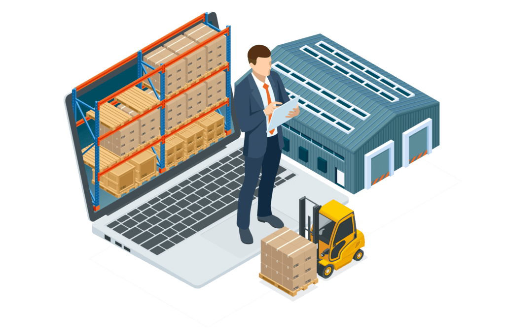 ERP-Lösung für technischen Großhandel: Fabrikhalle, Laptop, Person 1650x1100